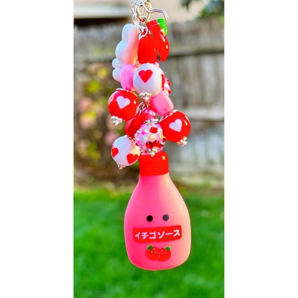 Kawaii Strawberry Milk Yogurt Drink Keychain Bag Purse Charm View 3